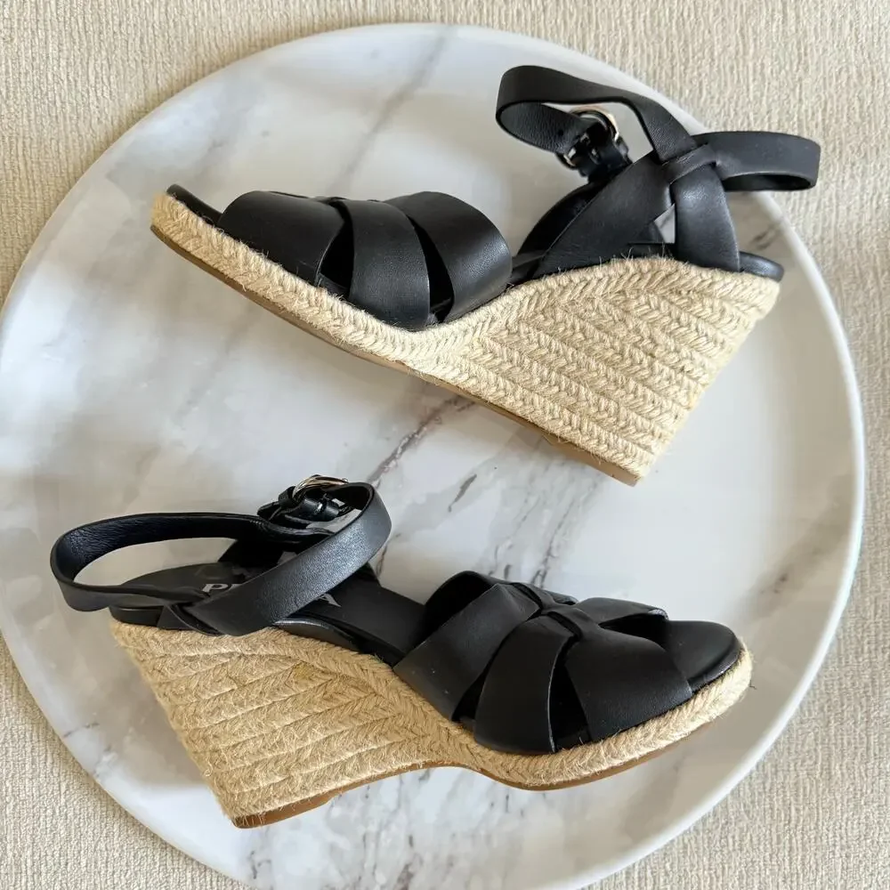 Prada Leather Wedge Espadrilles Black Beige Size 36.5